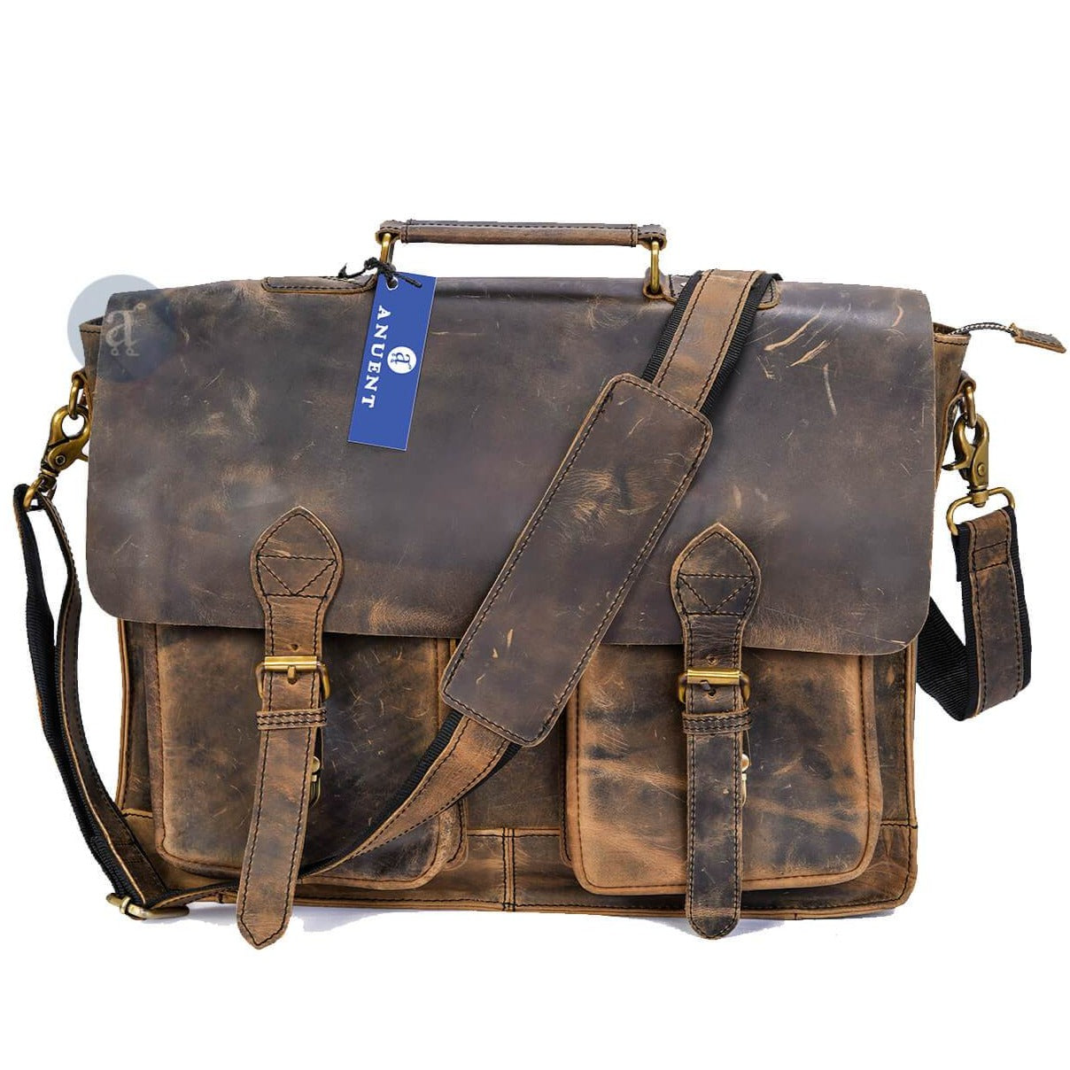 Vintage Leather Messenger Bag With 2 Pockets