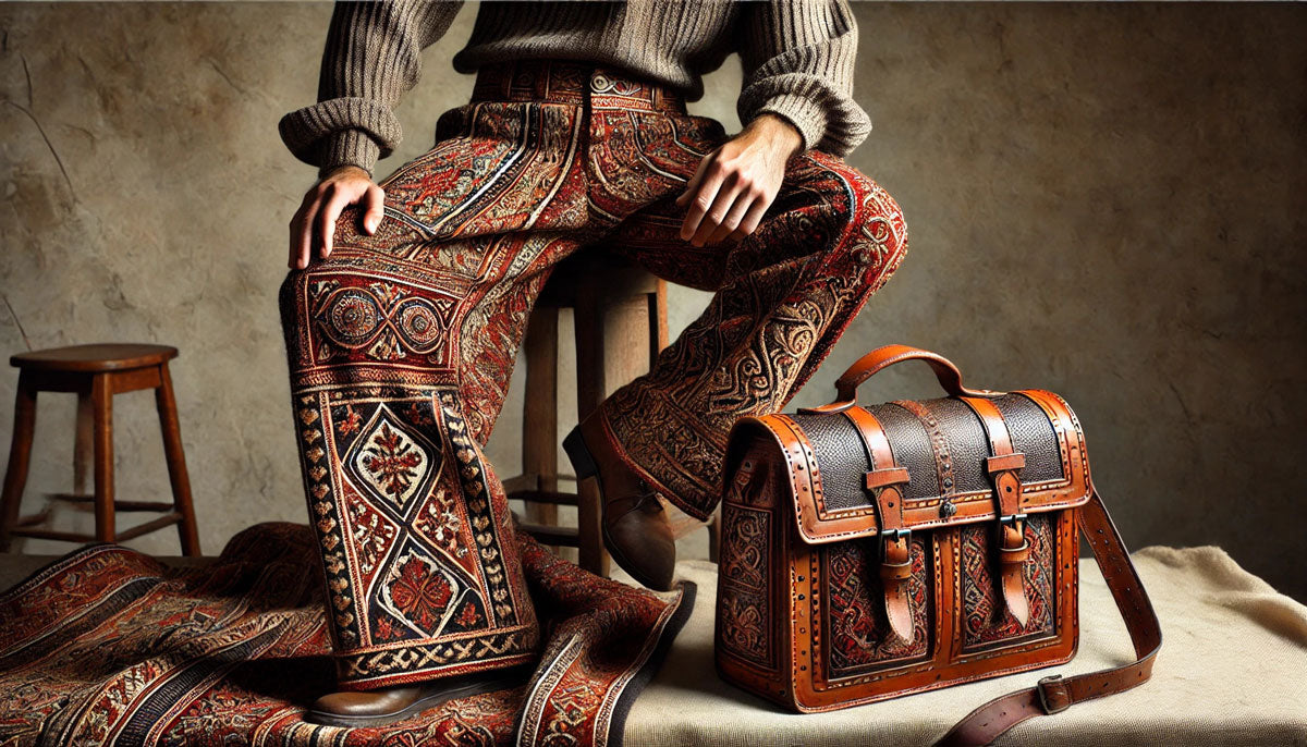 Man wearing tapestry pants and a leather bag beside him