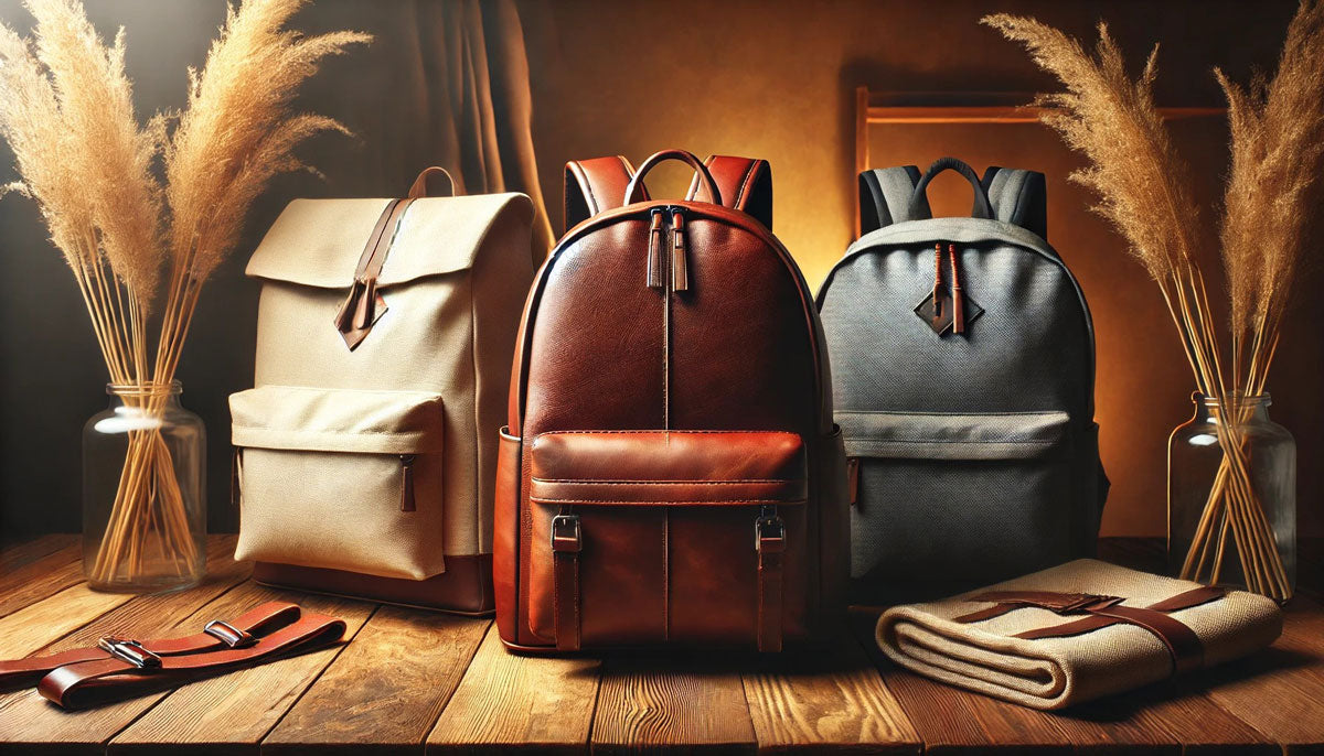 Comparison of a leather backpack with canvas and nylon options on a wooden table in a warm, elegant setting.