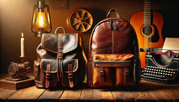 New and aged leather backpacks side by side, showcasing durability, patina, and long-term use on a wooden surface.