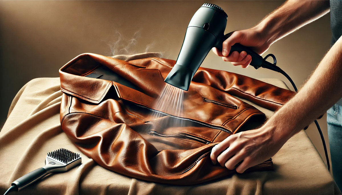 Image with a hairdryer being used to remove wrinkles from leather