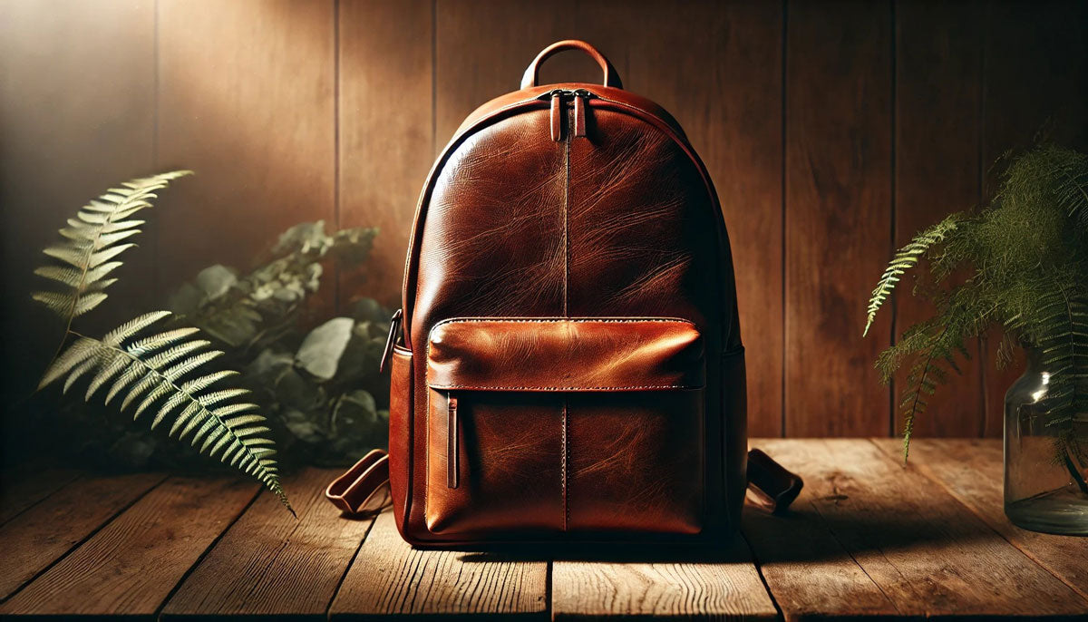 Aged leather backpack with a rich patina, resting on a wooden surface in warm sunlight with a natural backdrop.