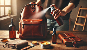 Leather backpack being waterproofed with a protective spray