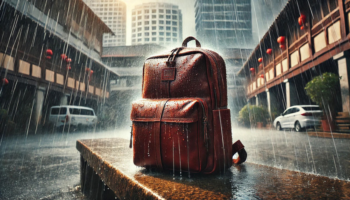 Brown leather backpack repelling rain droplets on a stone bench with a blurred cityscape in the background