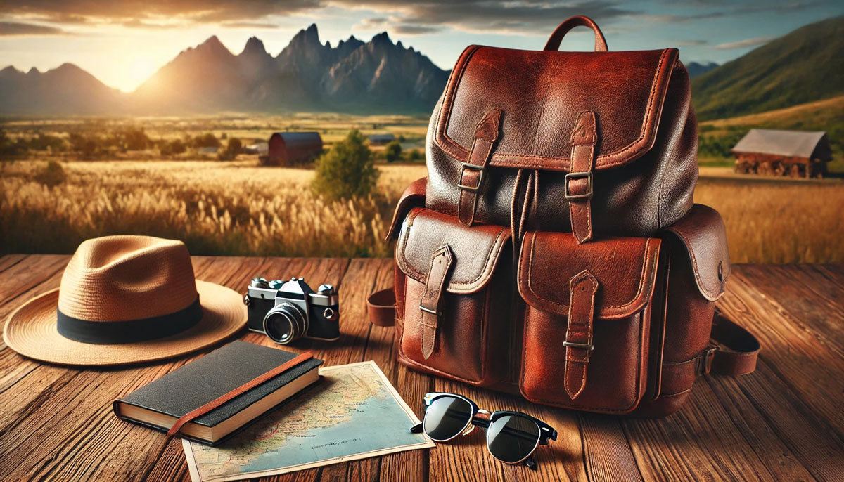 Vintage leather backpack on a wooden table with travel essentials, set against a scenic mountain sunrise backdrop.