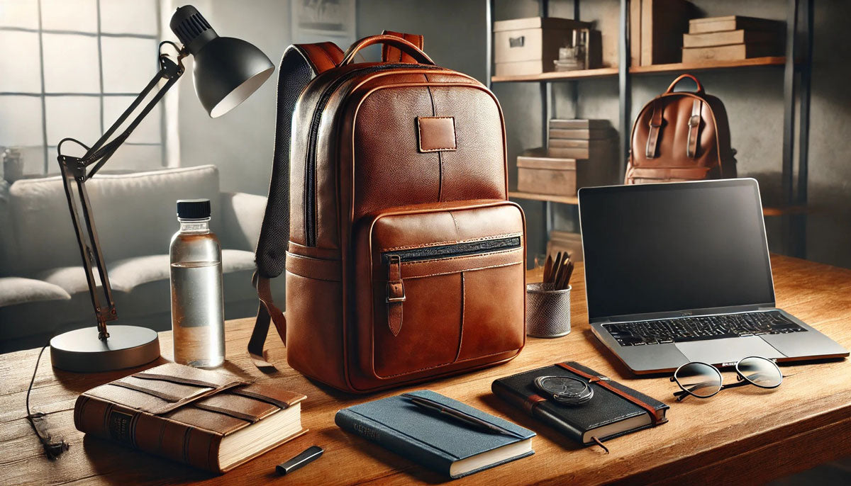 "Premium leather backpack on a wooden surface with a laptop, books, and water bottle in a stylish workspace.