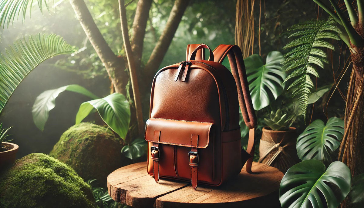 Eco-friendly leather backpack made from ethically sourced materials, resting on a wooden surface in nature.